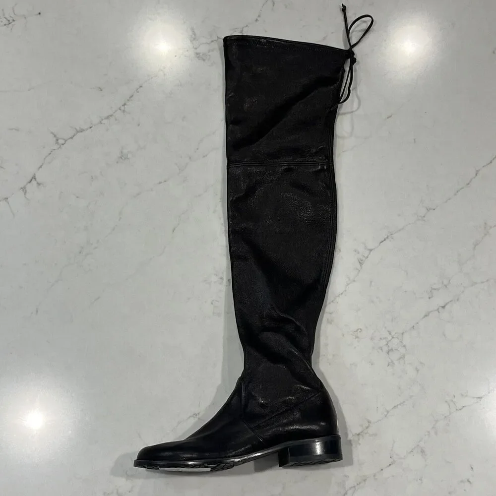 Stuart Weitzman Over Knee‎ Boots Black Leather Womens Sz 4 Low Stacked Heel
